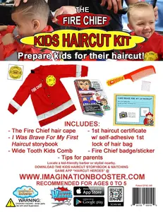 Imagination Booster Kids' First Haircut Training Kit | Fire Chief and Princess Theme with Cape, Storybook, Certificate, Comb & Stickers for Fun & Stress-Free First Haircut Experience