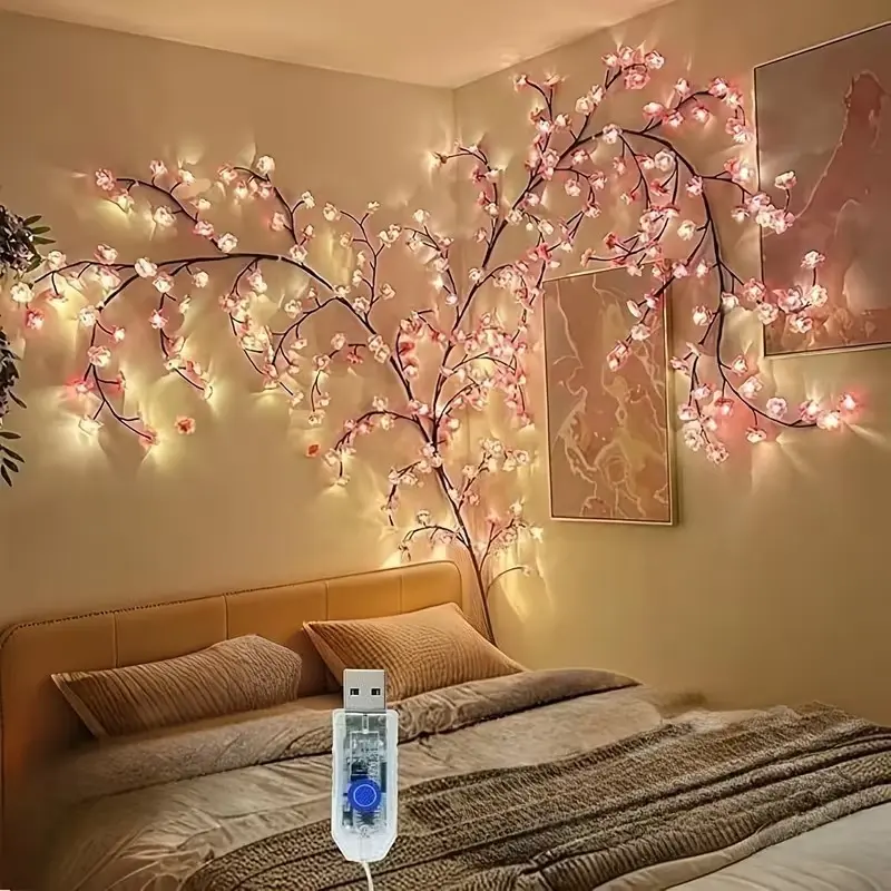 192pcs Cherry Blossom Vine String Lights (96 Leds + 96 Cherry Blossoms), Glowing Cherry Blossom Branch Lights, DIY Bendable Cherry Blossom Vine Lights, LED Branch Lights, 8 Flashing Modes, Powered, Indoor Atmosphere Decorative Lights