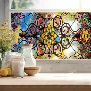 Vintage Floral Pattern Window Sticker, 1 Count Self Adhesive Window Decal, Stained Glass Window Film, Decorative Sticker for Home Living Room Bedroom Dormitory, Kitchen Bathroom Decoration