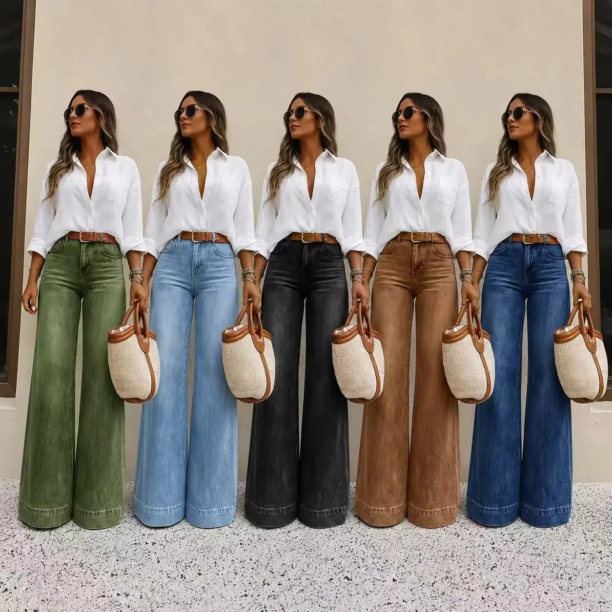 Women Vintage Denim Jeans Ladies Casual Wide Leg Straight Pants Full Length Long Pant