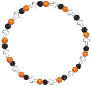 Iced Bling Disco Ball Rhinestone Crystal Bead Baseball Necklace Prayer Collection Black Orange with Silver Crosses