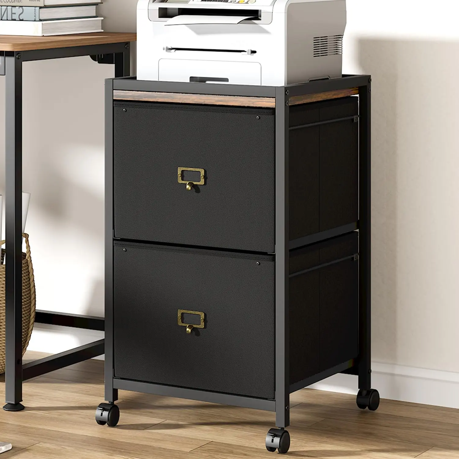 2 Drawer File Cabinet, Mobile Filing Cabinet for Home Office Fits A4 or Letter Size, Fabric Vertical File Cabinet with Wheels, Home Office Small Under Desk Storage Cabinet, Rustic Black steel roof dish set outdoor Modular Resilient Outdoor Sofa