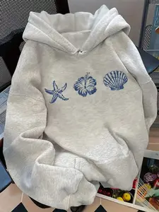 Women's Fall Winter Casual Loose Drawstring Knit Hoodie Pullover, Floral Shell Print, Long Sleeve Drop Shoulder Sweatshirt, All Seasons Wear