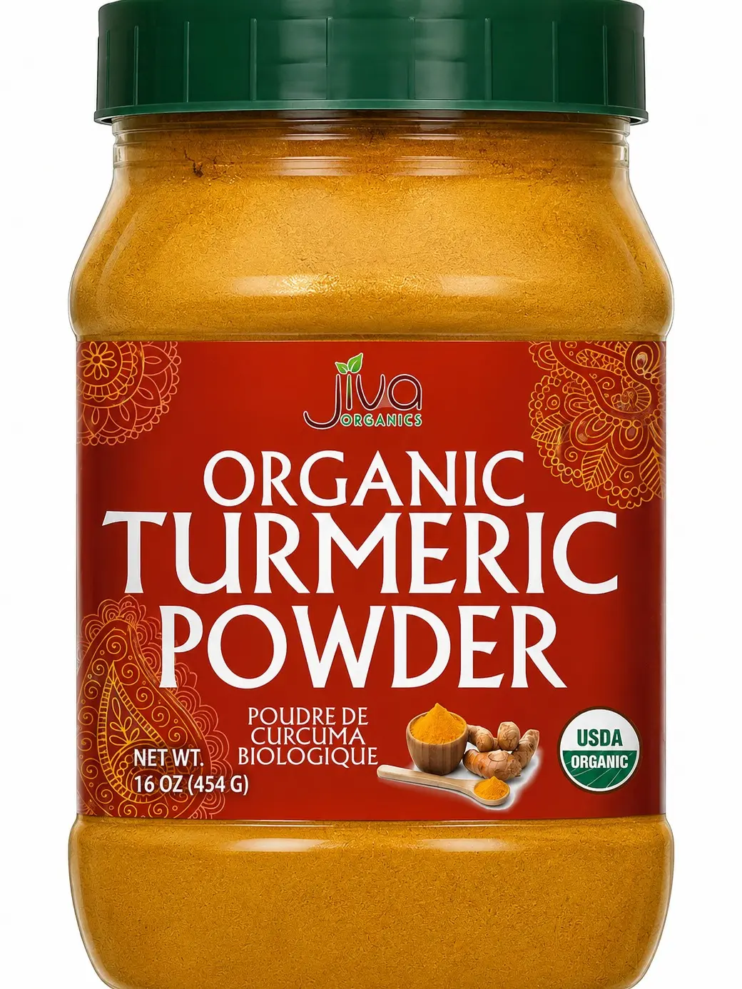 Jiva Organics Organic Natural Turmeric Powder, 1 LB Jar - 100% Raw with Curcumin