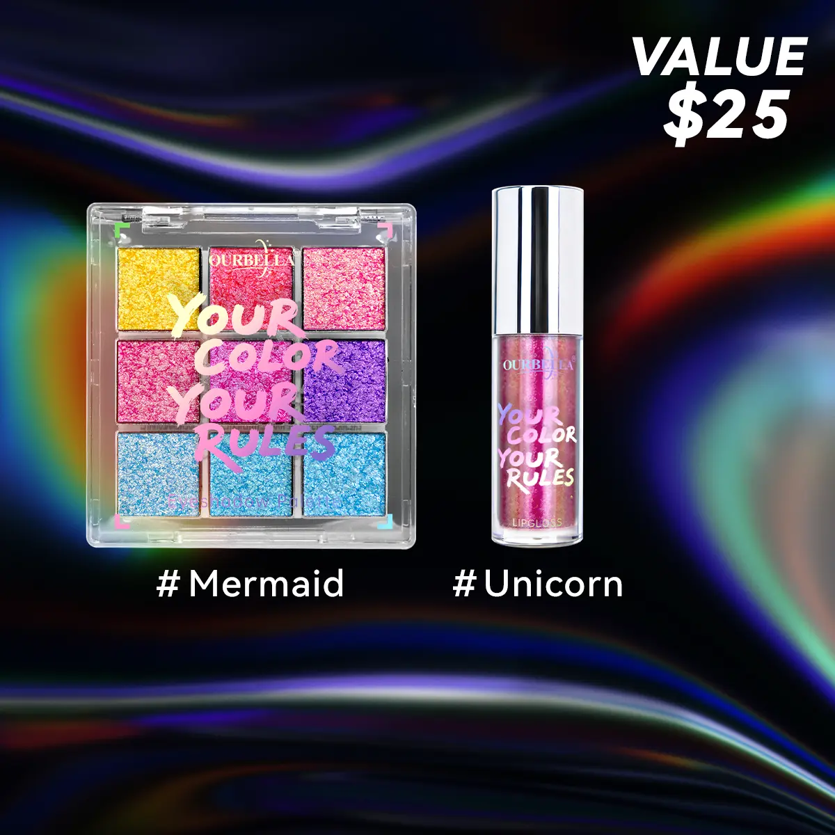 Ourbella Makeup Set Duochrome Eyeshadow palette & Holographic Glitter Lipgloss with gift, Iridescent Shimmer Makeup, Color-Shifting Eyeshadow, Hydrating Glimmer Moisturizing Lipgloss, Makeup Kit for Beginner