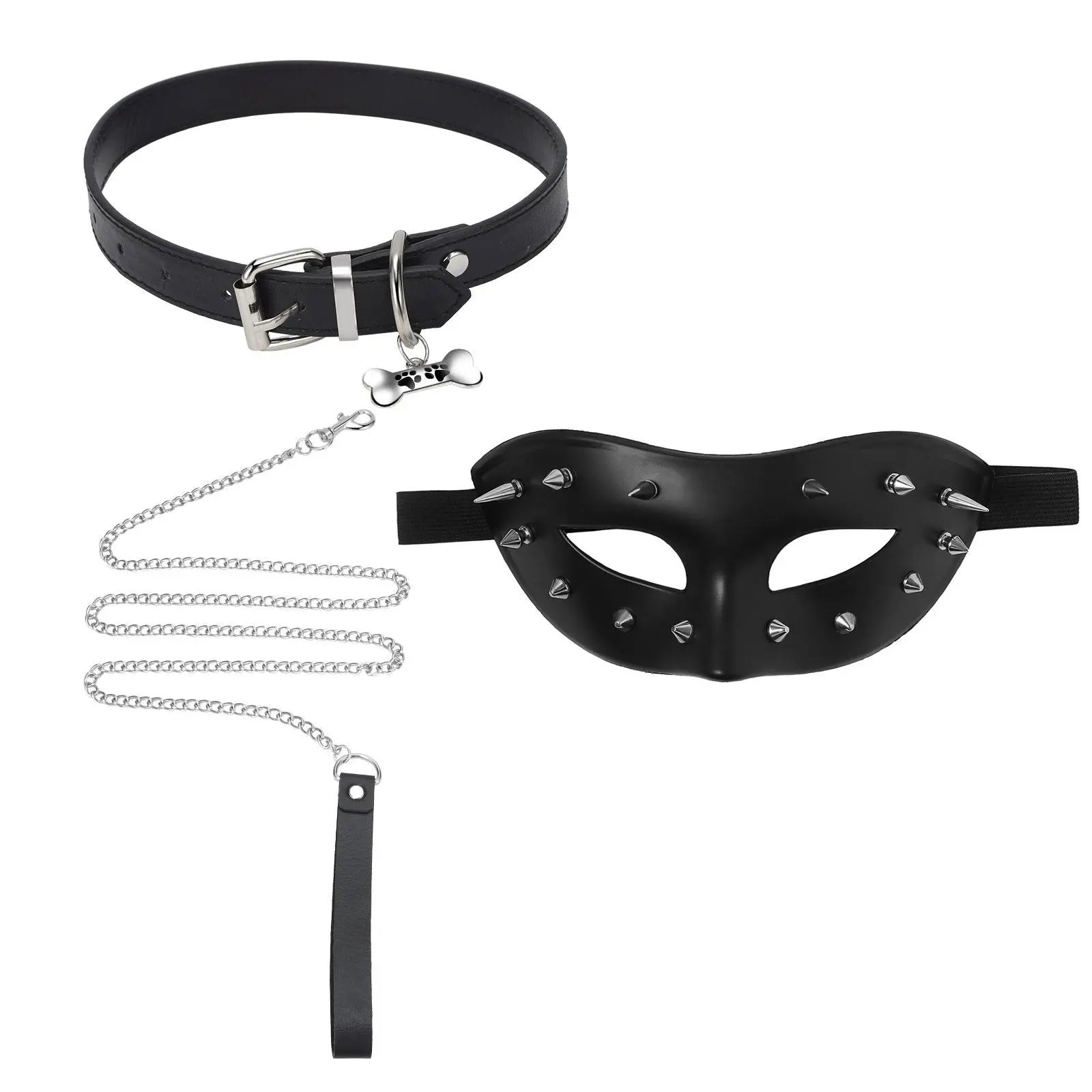 OIDEA Punk Gothic Costume Set with Spiked Studded Half-Face Mask and Bone Pendant Leather Choker Necklace for Halloween Cosplay