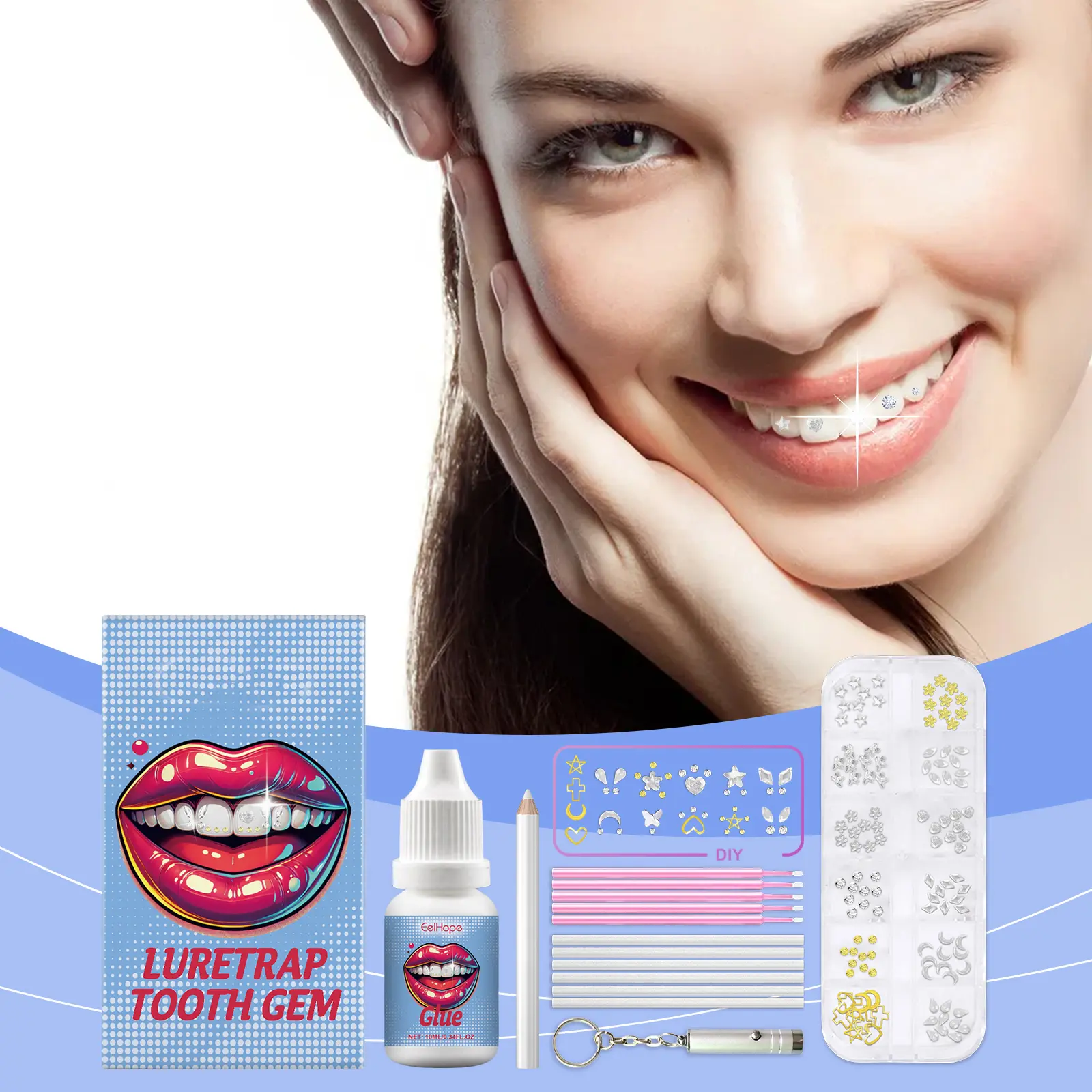 Acrylic Personalized Sparkling Tooth Gem Decoration Set Kit - UV Cured Oral Beauty Accessory with Glue, Cures with Lamp for Unique Fashion Looks, Cure With Lamp