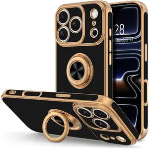 Hython for iPhone 17 Pro Max Case with Ring Stand, 360° Rotatable Ring Holder Magnetic Kickstand, Plating Rose Gold Edge Soft Cover Protective Phone Case for iPhone 17 Pro Max 6.9", Black