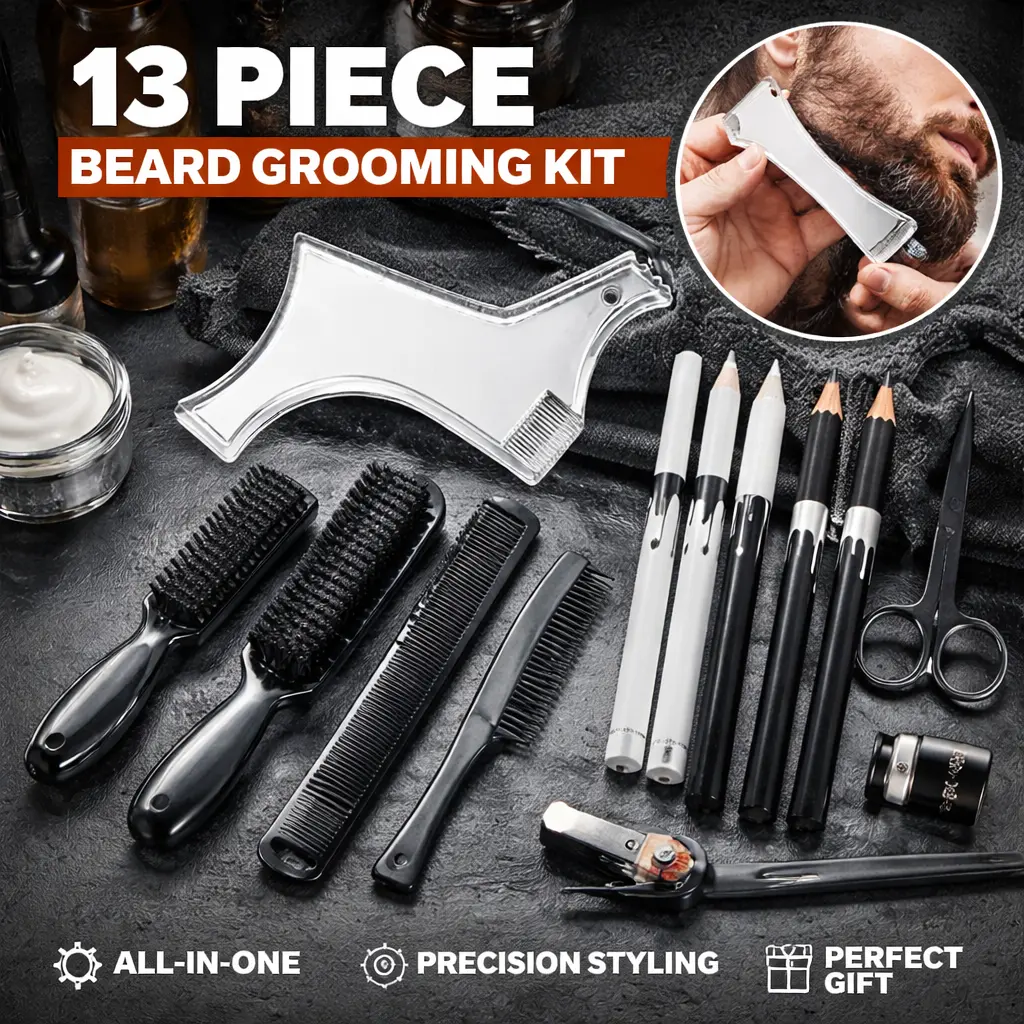 Men's 13-Pcs Beard Shaper Trim Kit - Barber Precision Tools, Lineup Edging Pencil, Sharpener, Beard Guide, Eyebrow Scissors, Shaping Comb, Clipper Brush for Clean Edges, Grooming Gift