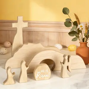 Wooden Empty Tomb Easter Scene Cross Christian Decoration, Jesus Resurrection Nativity Set for Religious Home Office Mantel Decor
