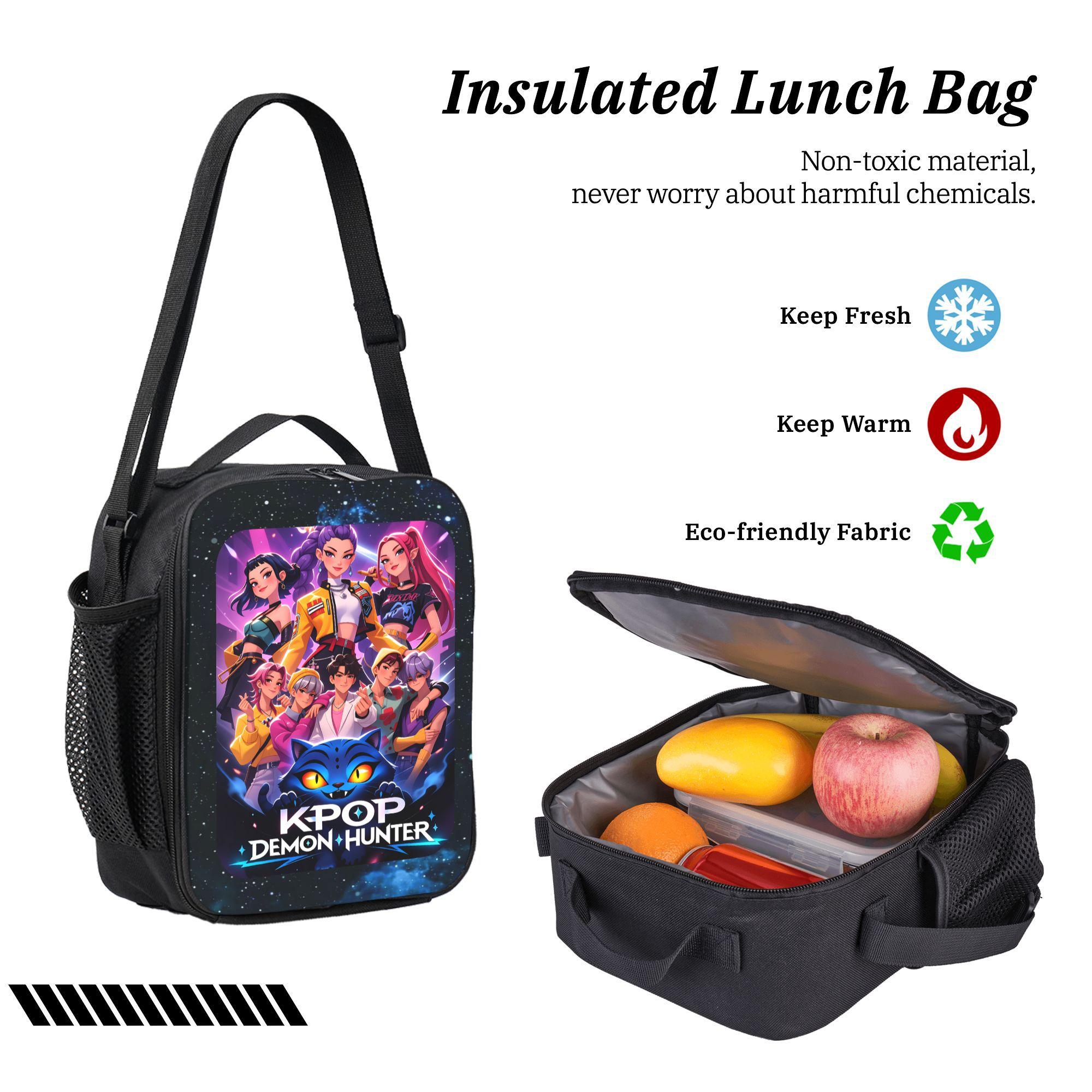 Girls K-Pop Rumi Mira Role Backpack for Girls - A sturdy and durable polyester backpack that comes with a matching lunchbox and pencil case. Featuring a neon sci-fi icon design, it's lightweight and spacious, perfect for school or everyday use.