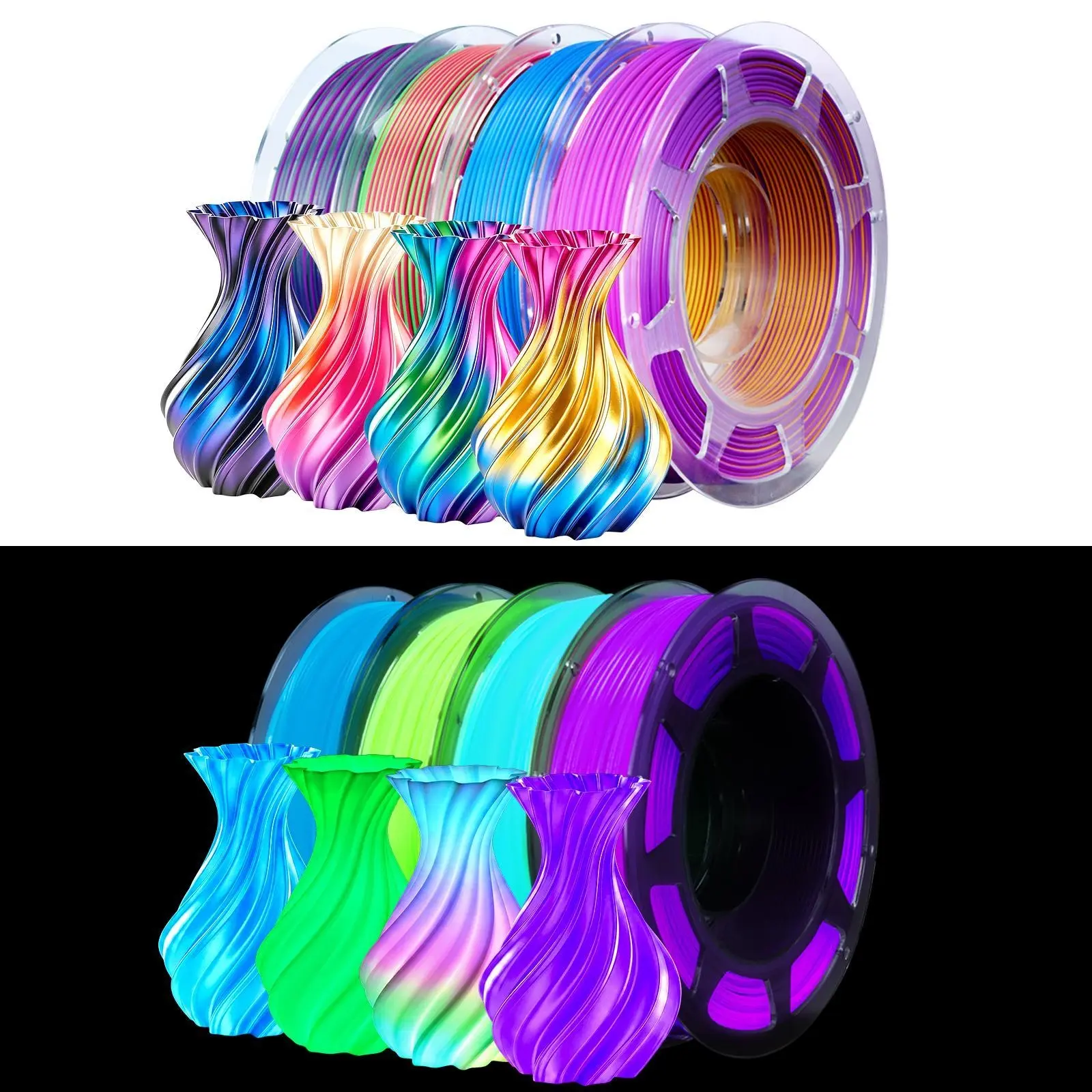 1KG TriColor Silk PLA+ 3D Printer Filament Pack, 1.75mm, Glow in the Dark, Clog-Free, Anti-Warping, +/-0.03mm Accuracy, 0-60°C Bed Temperature, Fast Print, Glossy Finish, Fits Most FDM Printers, Ideal for High-Contrast DIY Crafts, High-Speed Printing
