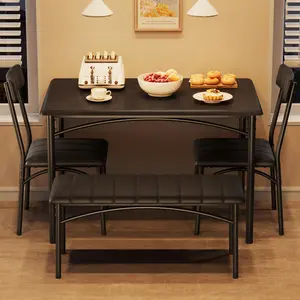 【GARVEE】Rustic Black Dining Table Set for 4 with Upholstered Chairs and Bench, Wood Rectangular Kitchen Table and Chairs Set Ideal for Small Spaces, Apartments, and Dinner Gatherings