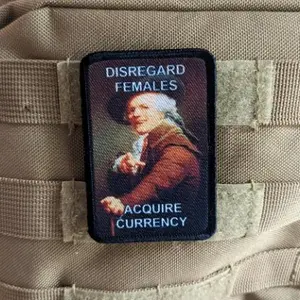 Disregard females acquire currency meme 2"x3" morale patch with hook and loop backing