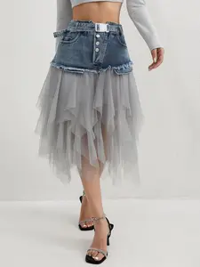Women's Denim Patchwork Mesh Skirt, Personalized Raw Edge Hem, Fashionable and Versatile Skirt, Suitable for Spring, Summer and Autumn.