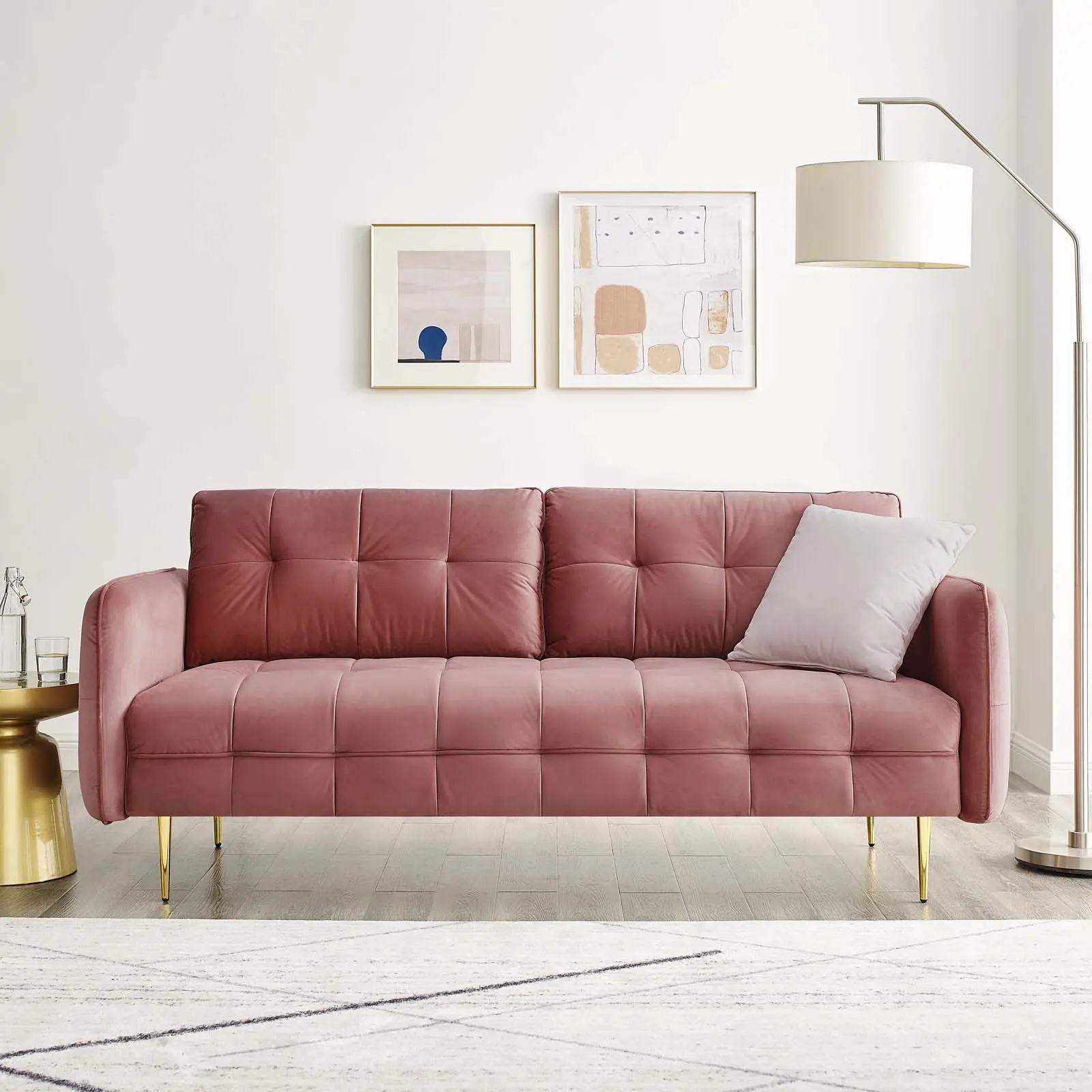 Modway Cameron Tufted Performance Velvet Upholstered Sofa Couch - 2-Seater Midcentury Modern 60s Style Art Deco Living Room Furniture, Dusty Rose, Assembly Required, 900 lbs Weight Capacity