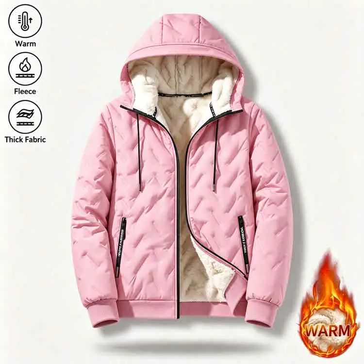 Winter unisex hooded jacket with drawstring, thickened lining for warmth, zippered pockets, textured fabric for wind resistance, casual wear