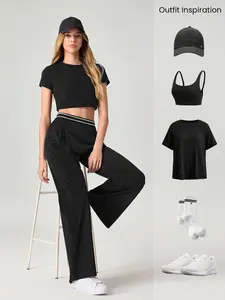 Women's Spring Summer Colorblock Straight-Leg Trousers, Elastic Waist, Pockets, Draped Design, Sporty Style, All Seasons, Breathable