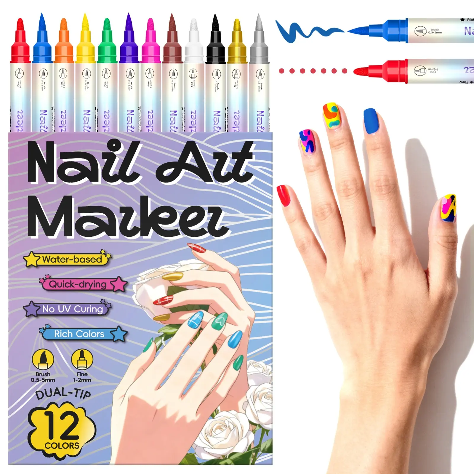 Double Head Nail Art Pen, 12 Colors / 24 Colors, 0.5-5mm Brush Tip + 1-2mm Fine Tip, Water-Based, Quick Dry, High Saturation Pearl / Metal Color, Nail Art Markers