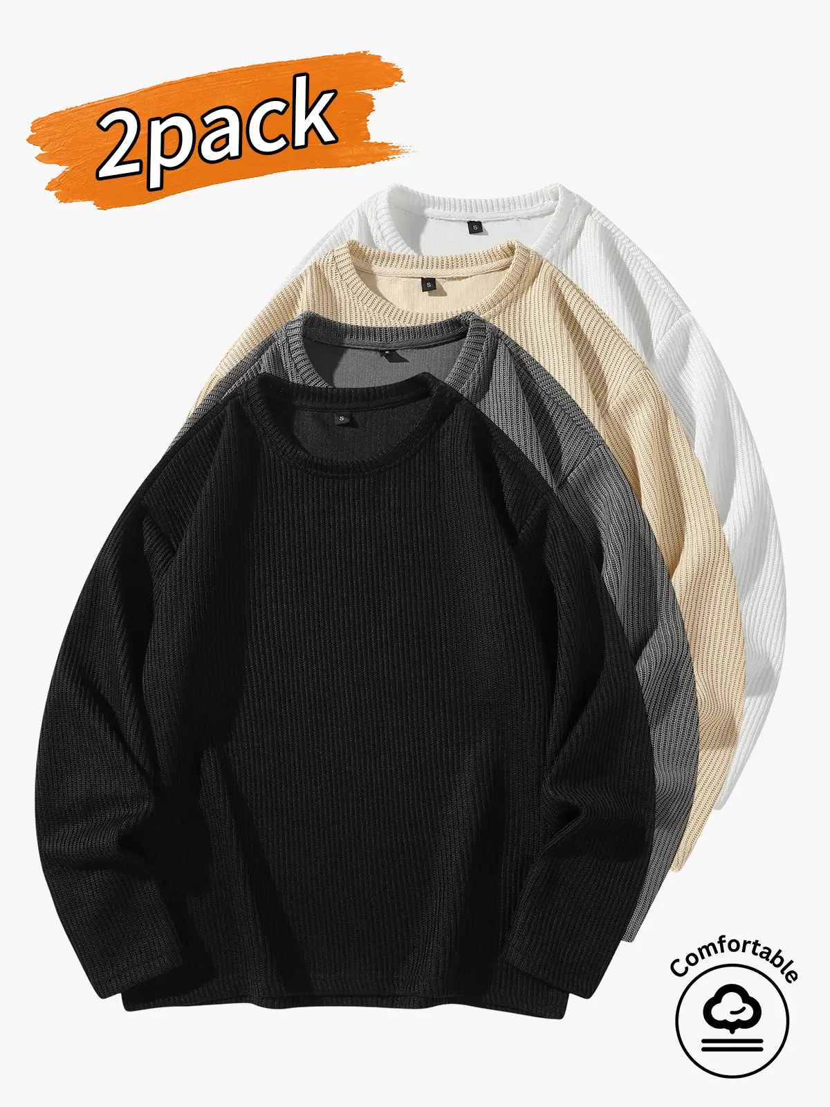 2-pack men's tops, men's long-sleeved sweaters, men's casual long-sleeved sweaters.Regular crew neck is comfortable to wear; the waffle fabric is breathable and doesn’t feel stuffy. The loose fit feels roomy and comfortable when worn. Solid-color basic st