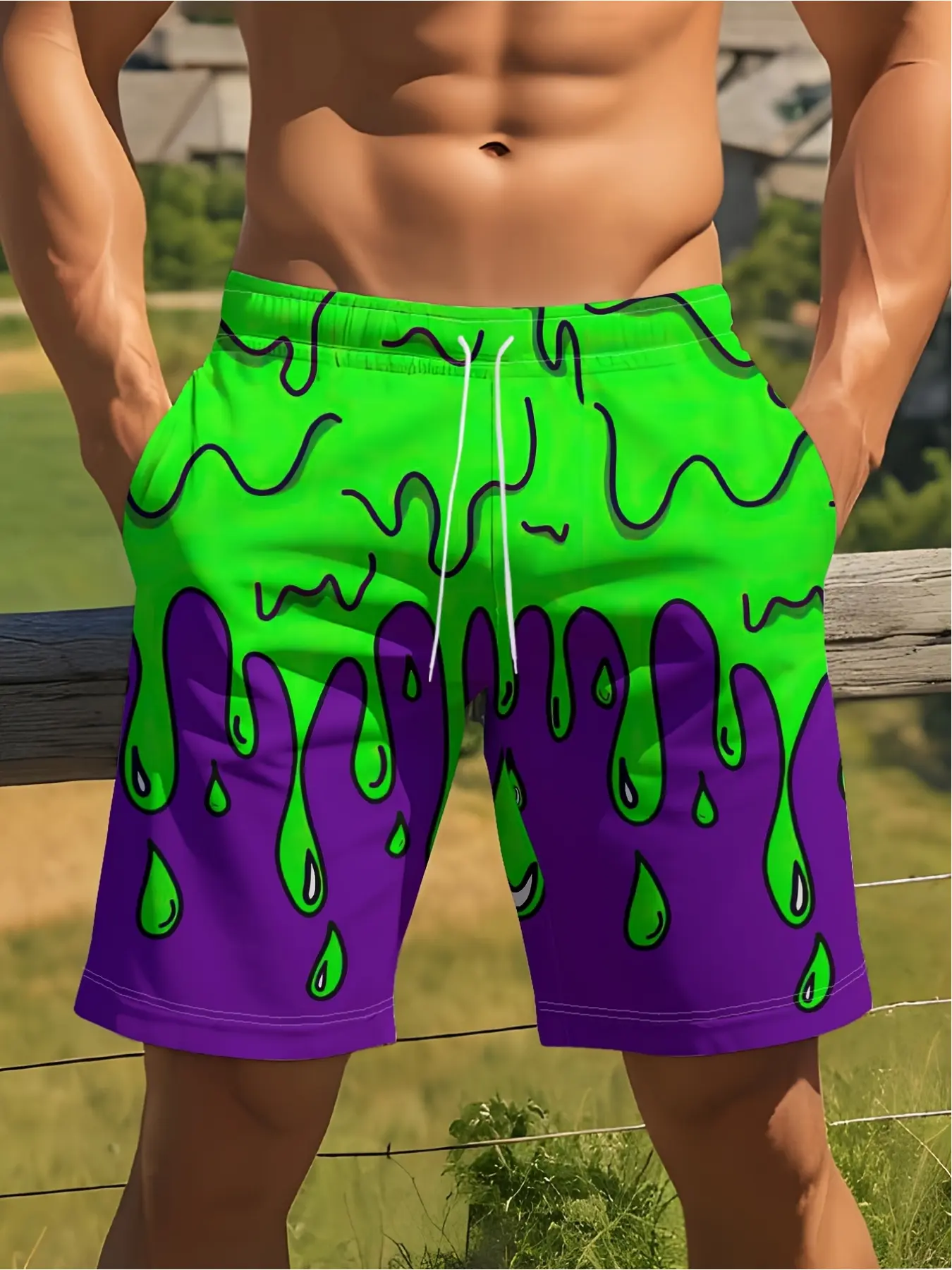 Men's Summer Short Pants with Vibrant 3D Neon and Drop Design, Quick-Dry and Breathable, Ideal for Beach Vacations and Casual Gatherings