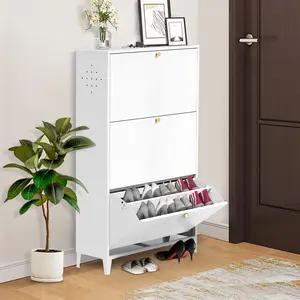 Shoe Cabinet, 3 Drawer All Steel Freestanding Shoe Rack Storage Organizer with Flip Door, Modern Tipping Bucket Shoe Cabinet for Entryway, Hallway, Bedroom, White (Requires Assembly)
