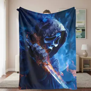 Dark Reaper Flannel Blanket Fire and Ice Skull Mask Art Print Soft Cozy Lightweight Warm Plush Throw Blanket for Bedroom Living Room Sofa Halloween Party Gift Decor