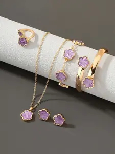 Flower Design Jewelry Set, Fashion Necklace & Bracelet & Bangle & Ring & Stud Earrings, Casual Jewelry Set for Women, Daily Decor, Trendy All-match & Exquisite Jewelry for Birthday Gift, Mother's Day Gift, Gifts for Her, Fashionable Jewelry Set