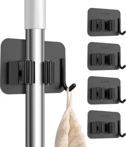 4-Pack No-Drill Self-Adhesive Broom Mop Hanger Wall Mount with Adjustable Hooks, Heavy-Duty Waterproof Stainless Steel Organizer for Kitchen, Garage Installation, Outdoor Home Storage, Black