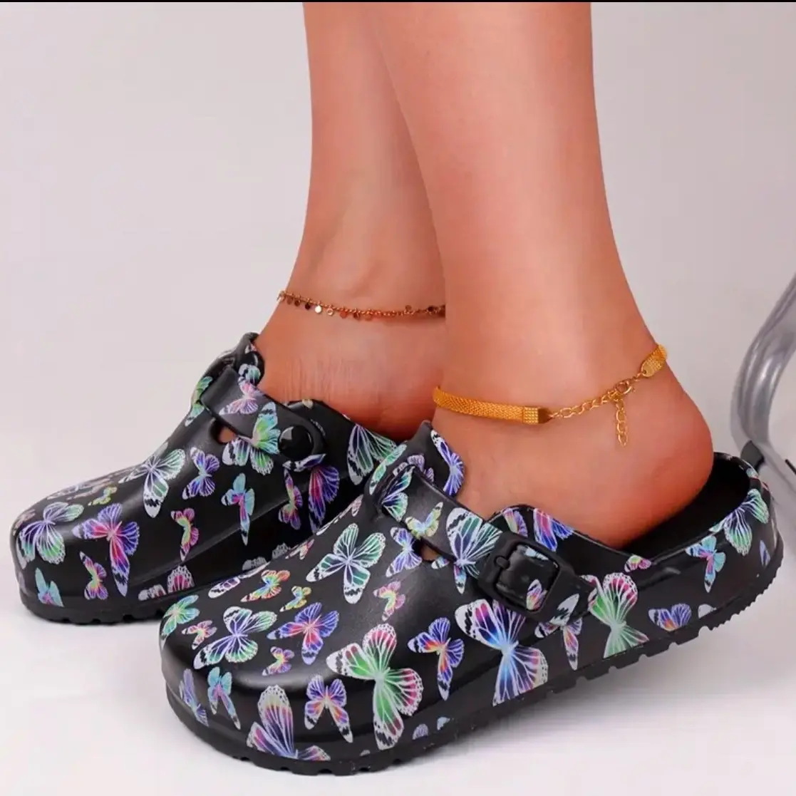 EVA Slip-On Clogs for Women - Rainbow Butterfly Print, Cap Toe, Flat Heel, Nail Footwear Comfort, Active Insole, Girl Chef Walking Shoes