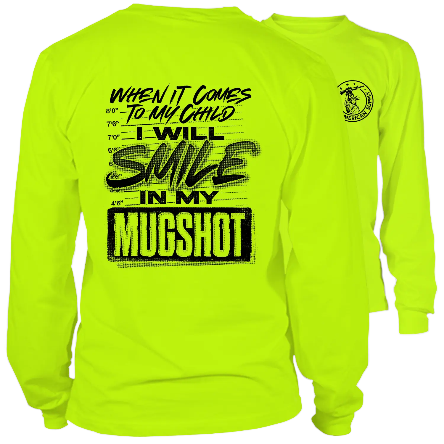 Smile In My Mugshot - Hi Visibility Safety Yellow Work T-Shirt Jersey Menswear Top Long Sleeve Tshirt Cotton Collar Flag | Graphic Tees Apparel