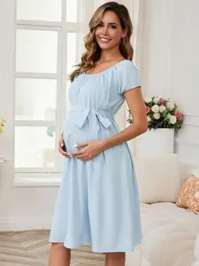 INSPIRE CHIC Women's Maternity Dresses Crewneck Short Sleeve Waist Belt Elegant Casual Dress