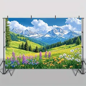 Polyester Photo Booth Backdrop - 1pc Summervibes 2D Flat Design with Vibrant Spring Scene, Green Grasslands, Pine Trees, Mountain Forests, Multi-Size, Soft Fabric, Easy-Hang Wedding Party Home & Festive Supply for Event Enhancement, Wedding Party Backdrop
