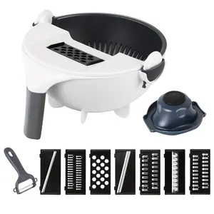 9-in-1 Rotating Vegetable Cutter with Drain Basket - Large Capacity Multifunctional Chopper, Shredder, Grater & Slicer - Ergonomic Handle, Durable Plastic Kitchen Tool for Efficient Food Prep
