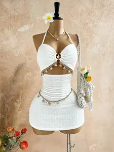 Summer Women's Vacation Casual Chic Short Skirt and Hollow Out Halter Dress, Metal Starfish Accessory, Elegant Slim Fit, Beach, Wedding, City Leisure
