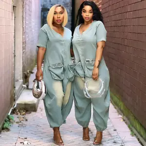 Women's Loose-Fit Denim Jumpsuit FashionableUnique Large PocketWashingCross-Border Style Long Pants For All Seasons jumpsuitwomen Green