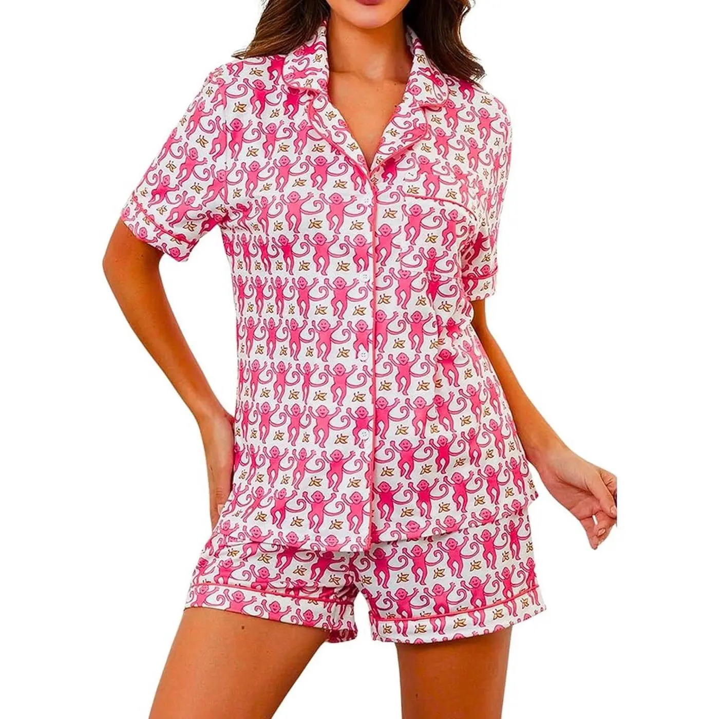 2025 Y2K Pink Women s Pajama Set: Button Down Top & Shorts - Monkey Beach Preppy Sleepwear