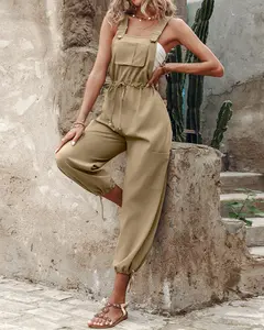CHICME Women's Cotton Square Neck Strap Overalls, Pocket Design Drawstring Suspender Jumpsuit with Sleeves