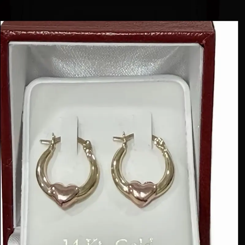 Argollitas sólidas para niña en oro 14K Elegantes Pendientes de corazón en oro de 14 quilates para niñas