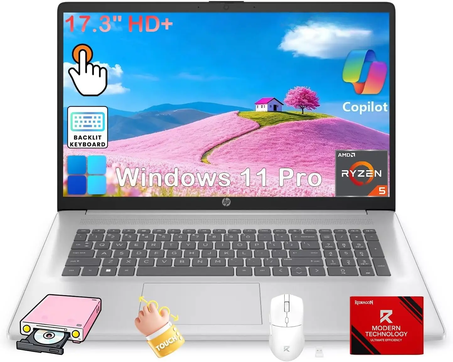 HP 17 Touchscreen Laptop Computer, AMD Ryzen 5 7430U, 17.3" HD+ AntiGlare Display, 8/16/32GB RAM, 512GB/1TB/2TB SSD, Backlit Keyboard, for Business & Student, Fast Charge, Copilot, Camera, Win11 Pro, Patented Kit, Content Creator, Solid State Drive Laptop