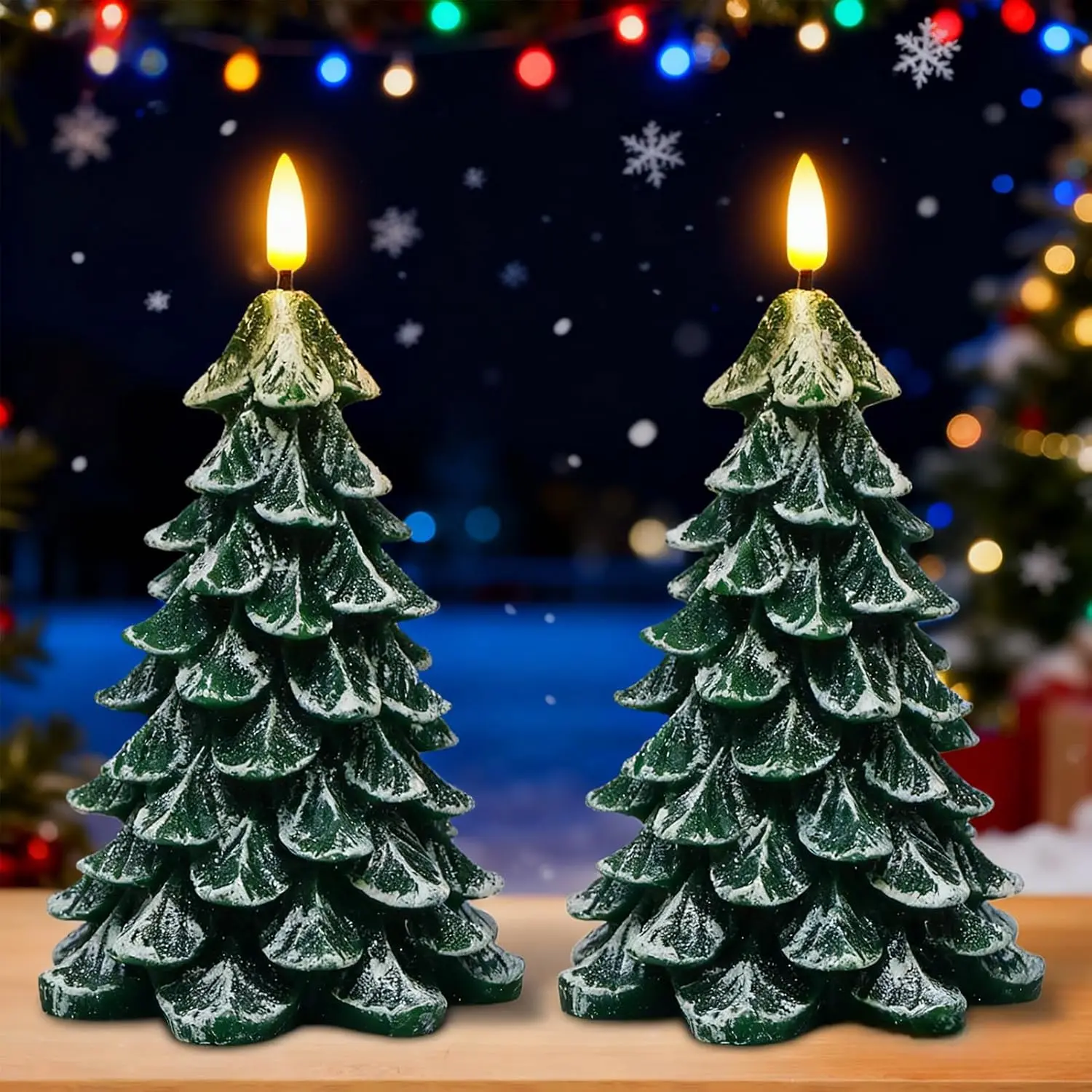 Christmas Tree Flameless Candles with 6H Timer, 2 Pcs Real Wax Battery Operated LED Candles Flickering, 3D Wick Green Electric Candles for Christmas Holiday Decorations