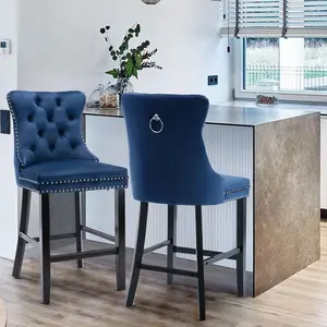 Velvet Bar Stools Set of 2 with Wood Legs, Button Tufted,Chrome Nailhead, Counterstool Seat, Armless Bar Chairs