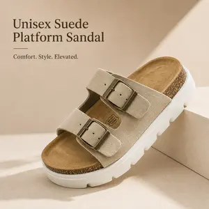 Lumubby Women's Suede Platform Buckle-Up Sandals - Double Adjustable Buckle, Chunky Slides, Comfortable Casual Daily Walking Shoe for Summer