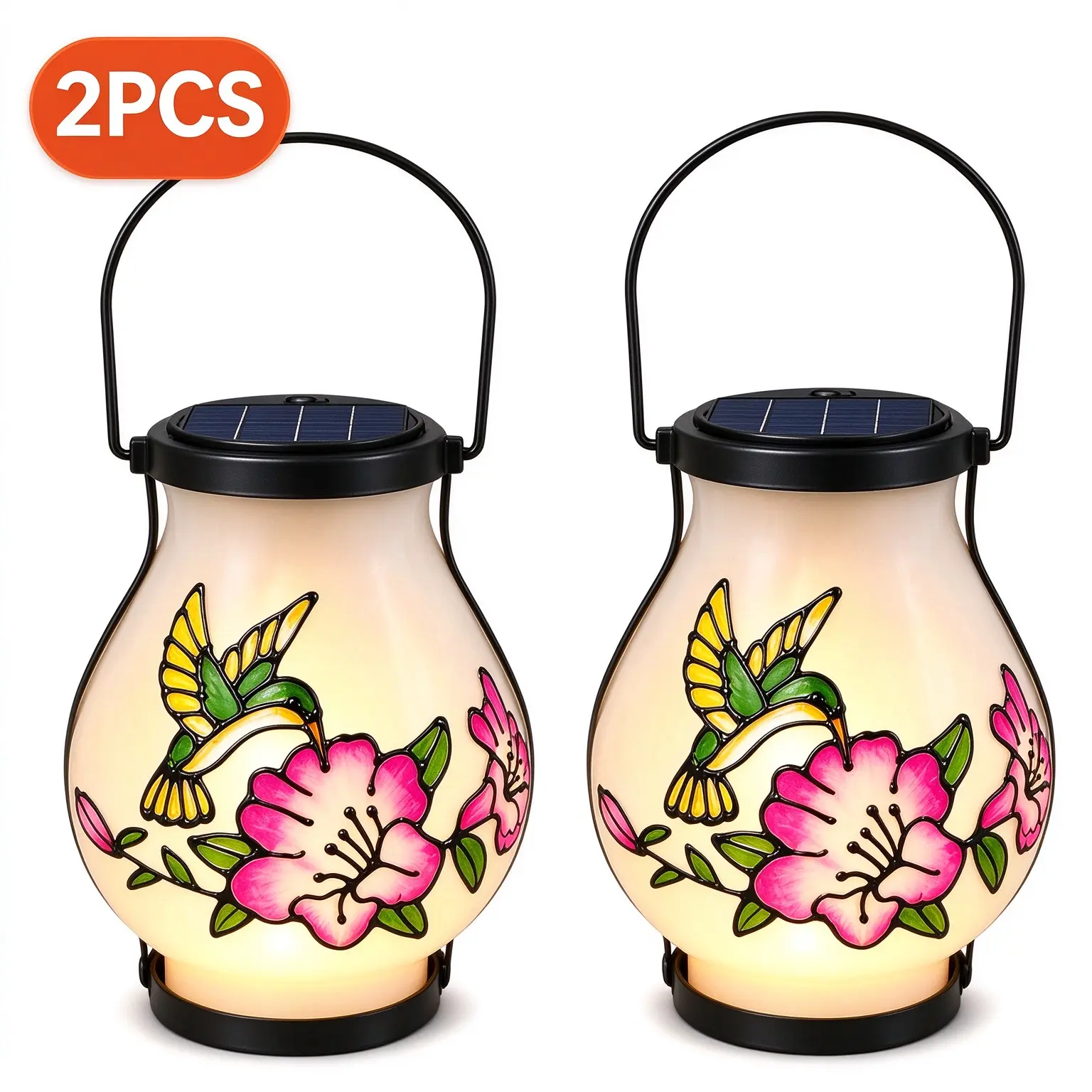 2PCS Hand-Painted Solar Plastic Lantern, Solar Powered Hanging Outdoor Light for Garden Patio Decor, Auto Dusk Sensor IP65 Waterproof Shatterproof Warm LED Lamp, No Wiring Zero Electricity Bill for Yard Pathway