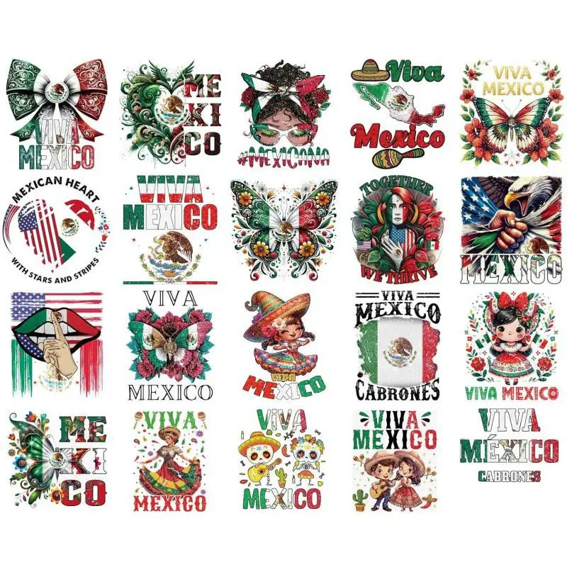 UV DTF Cup Wraps - 20 Sheets Mexican Independence Day UV DTF Tumbler Wrap for 16 oz Glass, Viva Mexico Red Green Butterfly Flower Transfer Sticker Decals Decorative Decal Cup Stickers for Water Bottle Mug Decoration