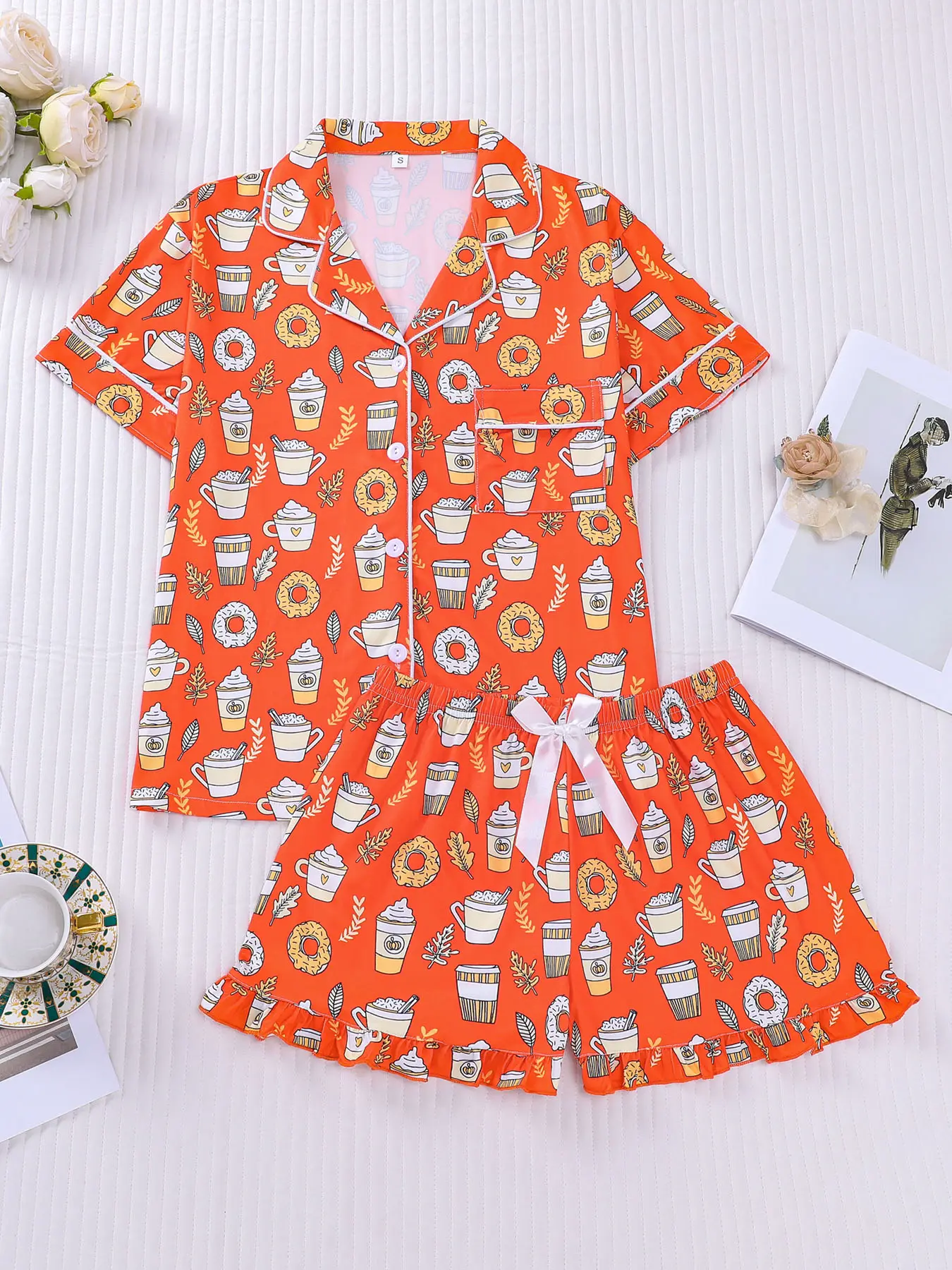 2-piece set of vibrant orange coffee donut printed Knitted short sleeved shorts with small pockets, button closure, elastic waistband, suitable for soft, comfortable, skin friendly, smooth all season home, casual wear, Loungewear, pajamas, Womenswear