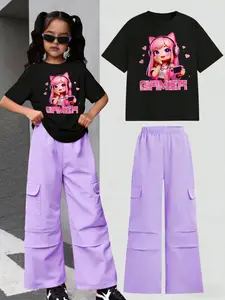 Girls Summer Cartoon Print Short Sleeve Workwear Pants Set, Breathable Comfort Fabric, Round Neck T-Shirt, Two-Piece Set, Essential Item, Summer Clothes Set, Summer Outfits Set, Graphic Print Set, Casual Tees Set
