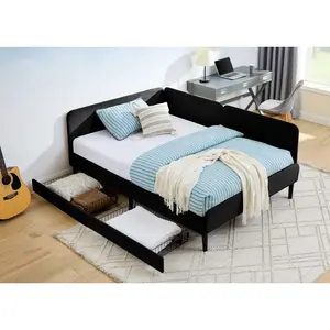 Full Size Upholstered Velvet Platform Bed Frame with Storage Drawers, Sturdy Metal Frame with Headboard - No Box Spring Required, Black