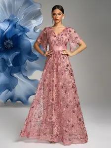 Elegant Long Diamond Neck Ruffle Sleeve Sequined Embroidered Flower Evening Gown Dress, Formal Party Wear, Women's Luxury Clothing