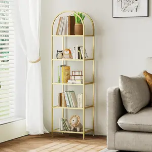 Bookshelf Arched Display Racks,Metal Bookcase,Tempered Glass Shelves,Storage Rack Shelf for Home Office,Living Room,Bedroom, Bathroom,Modern Style (Golden, 11.8" D x 13.8" W x 57.1" H)